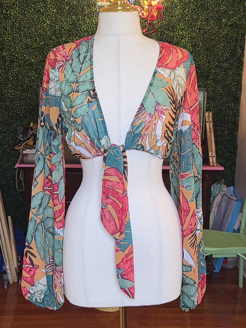 PrettyLittleThing Teal, Coral & Tan Tropical Tie-Front Swim Cover-Up Top